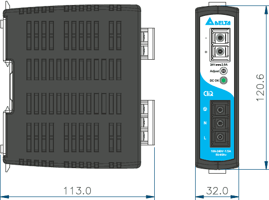 Габаритные размеры блока питания CliQ DRP024V060W1AZ
