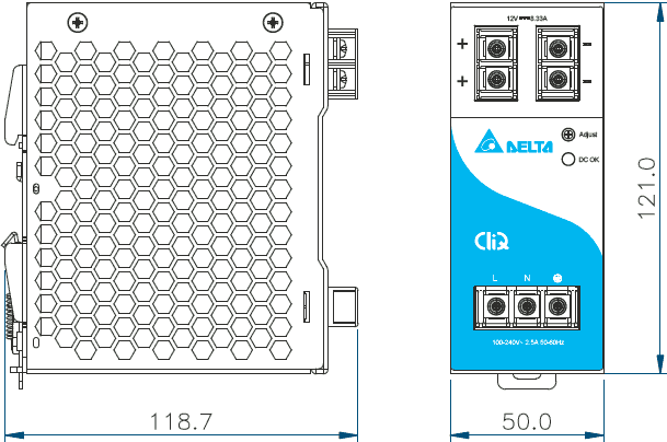 Габаритные размеры блока питания CliQ DRP012V100W1AA