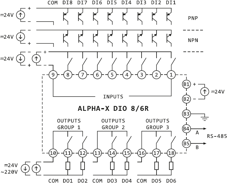 Схема подключения модуля Alpha-X DIO 8/6R