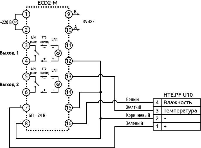 Схема подключения датчика влажности и температуры HTE.PF-U10 к ПИД-регулятору ECD2-M