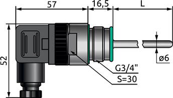 Габаритные размеры датчика ELHART ТRE.F20 (G3/4’’), мм