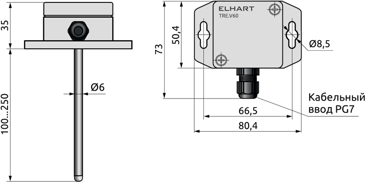 Габаритные размеры термопреобразователя TRE.V60, мм