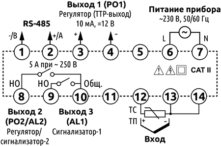 Схема подключения измнрителя регулятора EMKO Eco PID с 2-мя выходами