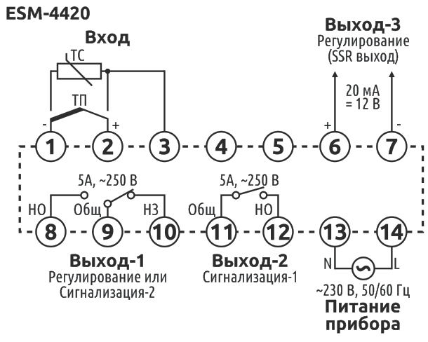 Схема подключения контроллера температуры ESM-4420