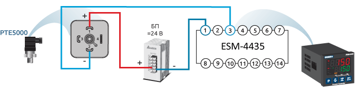 Схема подключения датчика с токовым выходом 4…20 мА с внешним источником питания