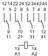 Схема подключения реле с 4-мя перекидными контактами Finder серии 55.34