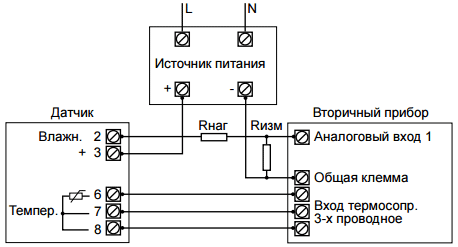 Схема подключения датчика влажности и температуры (пассивный выход), выход 4…20 мА