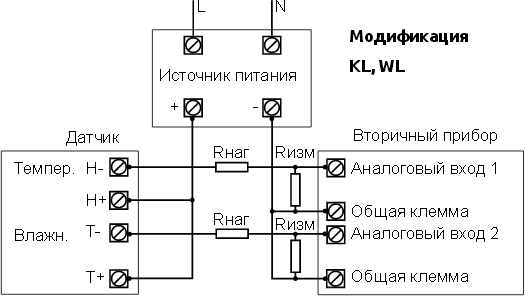 Схема подключения датчика влажности (и температуры), выход 4…20 мА (2×4…20 мА)