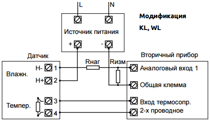 Схема подключения датчика влажности (и температуры),  (выход пассивный) Выход 4...20 мА
