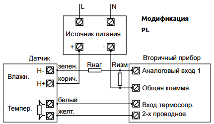 Схема подключения датчика влажности (и температуры), (выход пассивный), выход 4…20 мА