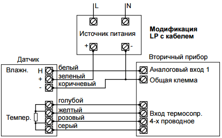 Схема подключения датчика влажности и температуры, выход 2х0…10 /0…5 / 0…1 В