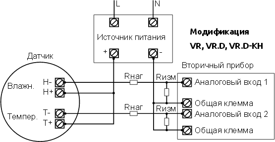 Схема подключения датчика влажности (и температуры), выход 4…20 мА (2 x 4…20 мА)