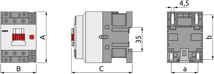 Габаритные размеры контакторов на токи от 9 до 38 А, мм