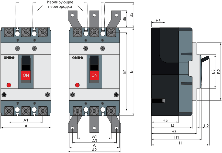 Габаритные размеры 3-полюсных автоматических выключателей в литом корпусе ONDO серии CBPT-1