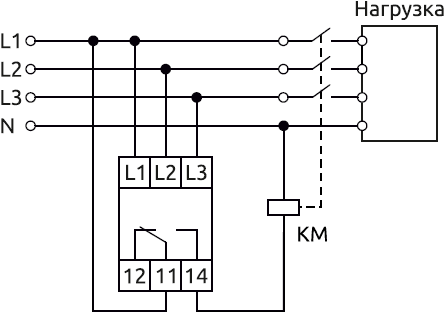 Схема подключения  VC-LL-31.10.0 и VC-LL-31.10.3 в трехфазной сети, без использования нейтрали (3-х проводная схема)
