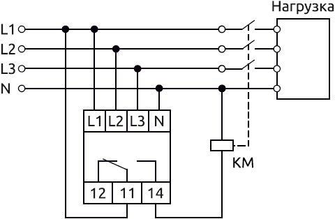 Схема подключения  VC-LN-31.10.3 в трехфазной сети, с использования нейтрали (4-х проводная схема)