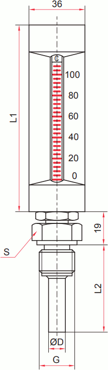 Габаритные размеры жидкостных виброустойчивых термометров ТТ–В
