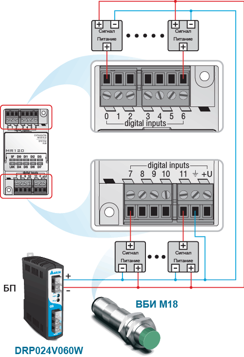 Схема подключения датчиков PNP для модуля MR120 с внешним источником питания