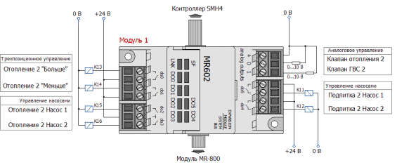 Подключение входов и выходов модуля MR по Схеме 4