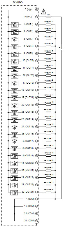 Схема подключения выходов ZC-24DO через клеммную колодку
