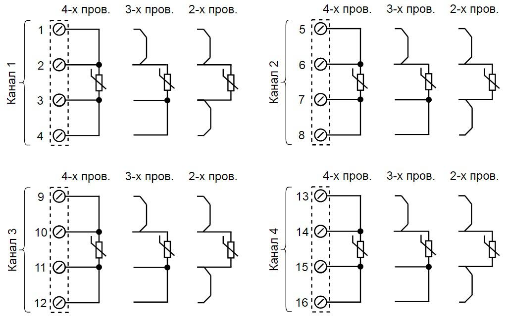 Схема подключения термосопротивлений к измерительным каналам модуля по 2-х, 3-х и 4-х проводной схеме