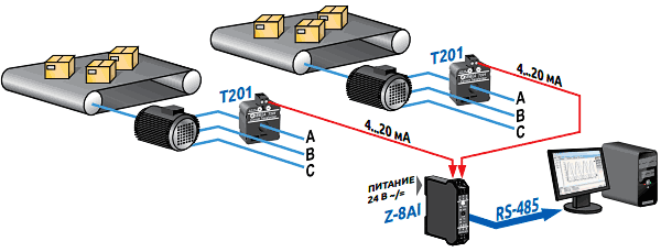 Преобразователь тока T201 - пример использования