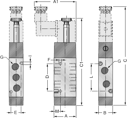Размеры распределительного клапана с электрическим управлением и пневмопружинным возвратом JT52W101×